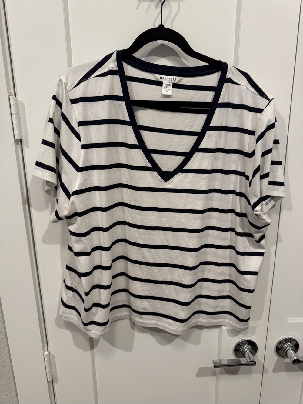 Athleta White and Navy Striped V-Neck Short Sleeve Tee
